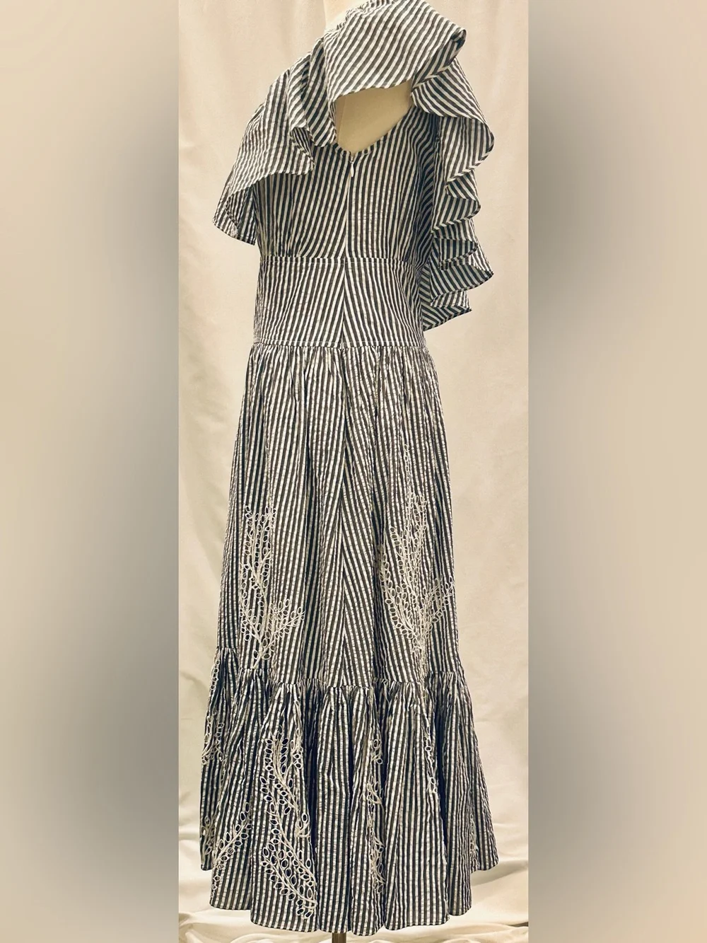 Tory Burch Gray & White Embroidered Cotton Midi Dress NWOT